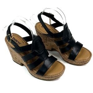 Born Bernese Women's Hand Crafted Black Leather Wedge Sandal Size 9M Caged